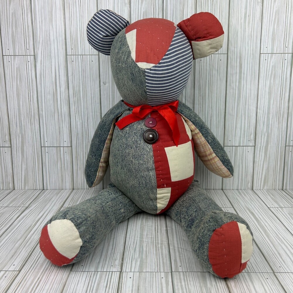 Handmade Teddy Bear Plush Made of Vintage Red White Quilt & 80s Denim Jeans 14"